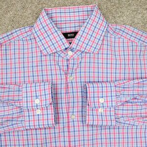 BOSS Hugo Boss Dress Shirt Mens‎ 16 1/2, 32/33 Pink/Blue Sharp Fit L/S Button